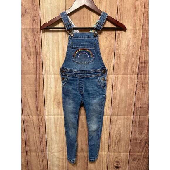 Boden 2-3Y 98cm Blue Jeans Denim Rainbow Embroidered Overalls pants girls Kids - Picture 1 of 7